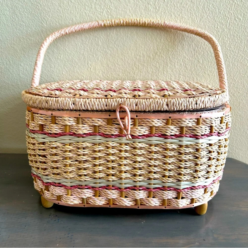 Vintage Sewing Basket Large Pink Rattan Original Clear Tray for Penny’s in Japan